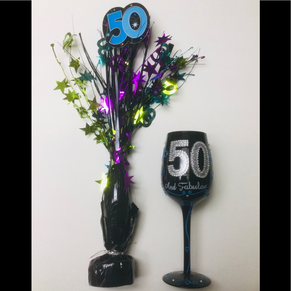 BOTTOMS UP CO. - HAND PAINTED - RHINESTONED - BLACK - 50th BIRTHDAY - WINE GLASS